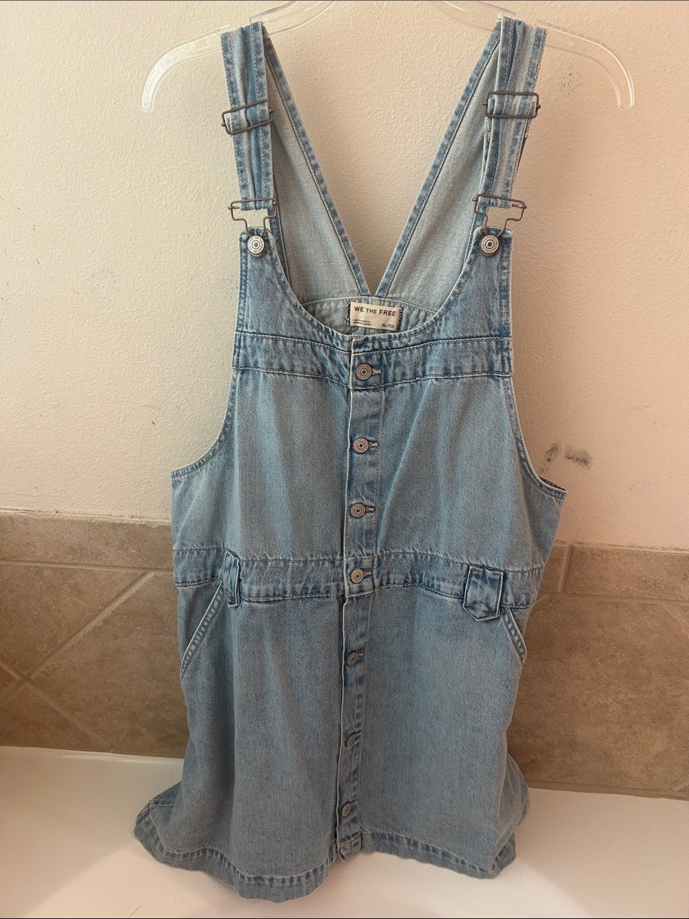 We The Free Light Blue Denim Button-Front Overall Dress
